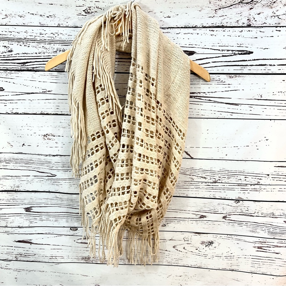 Tan Infinity Knit Scarf with Fringe